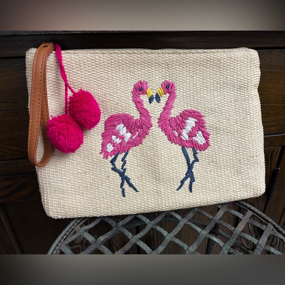Old Navy Handbags - Old Navy Flamingo Beach Embroidered Clutch with Pom Poms